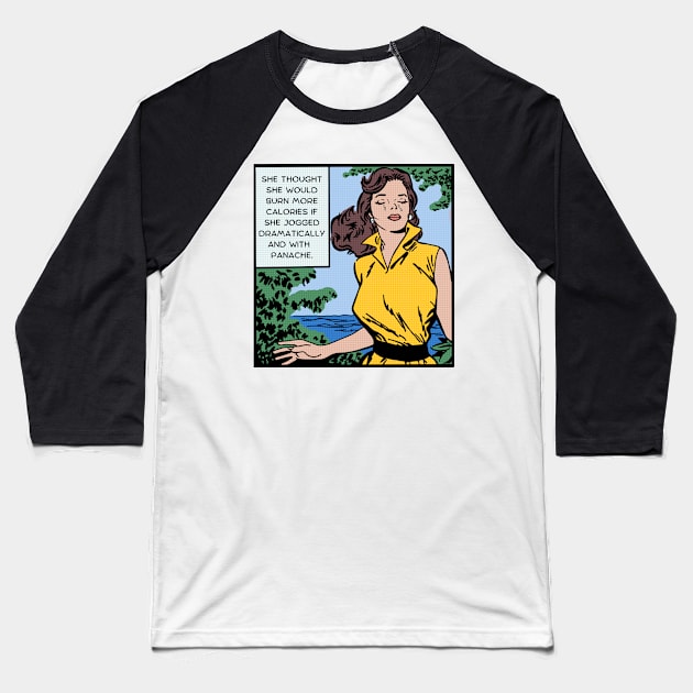 Comic Woman Jogs With Panache Baseball T-Shirt by Slightly Unhinged